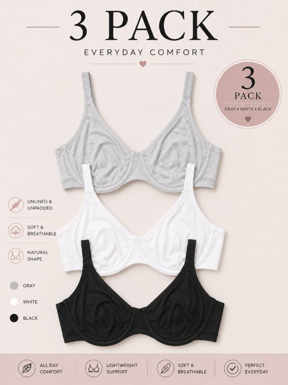 3-Pack Fruit of the Loom Cotton Stretch Extreme Comfort Bras